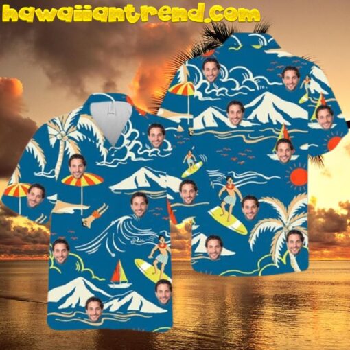 Custom Face Men Surfing Wave Hawaiian Shirt Blue Ocean