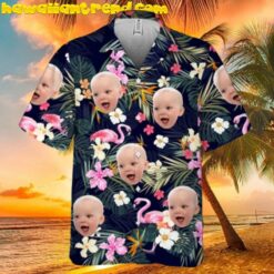 Custom Photo With Baby Floral Summer Beach Pink Flamingo Hawaiian Shirt