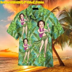 Funny Custom Face Hula Girl Dancing Green Tropical Hawaiian Shirt