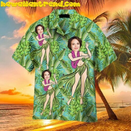 Funny Custom Face Hula Girl Dancing Green Tropical Hawaiian Shirt