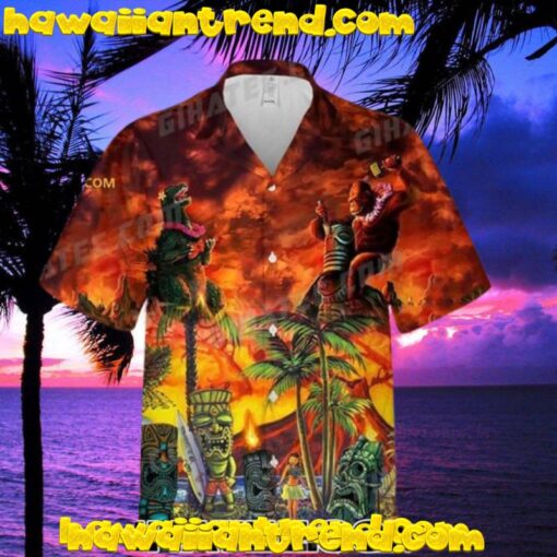 King Kong And Godzilla Tiki Hawaiian Shirt And Shorts