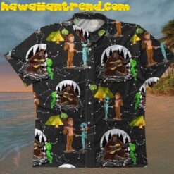 Alien Camping With Bigfoot Pattern Black Hawaiian Aloha Shirt