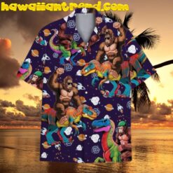 Bigfoot Riding Dinosarus UFO Galaxy  Hawaiian Shirt