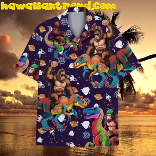 Bigfoot Riding Dinosarus UFO Galaxy  Hawaiian Shirt