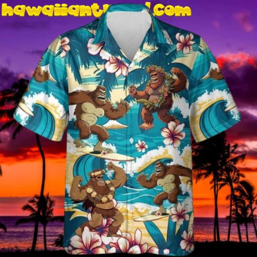 Funny Bigfoot And Tropical Floral Surfing Summer Beach Hawaiian Shirt