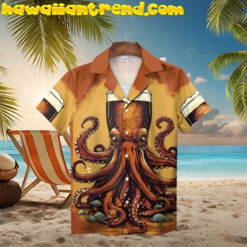 Orange Octopus Beer Graphic Design Hawaiian Shirt