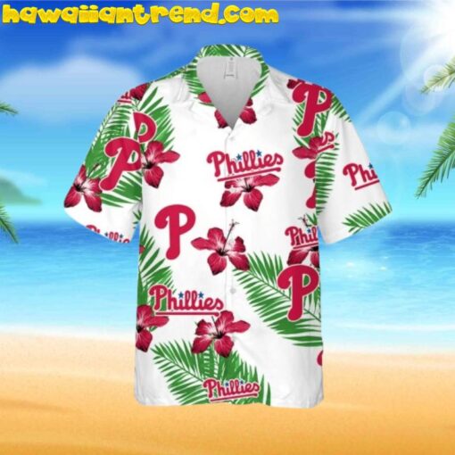 Philadelphia Phillies Green Leaf Hibiscus Flower Pattern Hawaiian Shirt