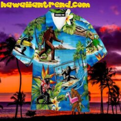 Surfing Bigfoot Tropical Floral Hawaiian Shirt