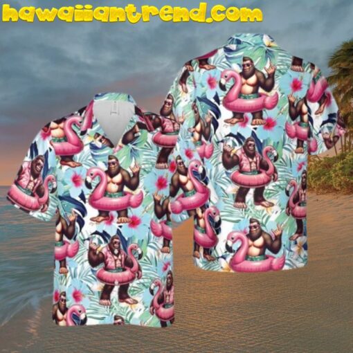Tropical Bigfoot Flamingo Pool Party Hawaiian Shirt