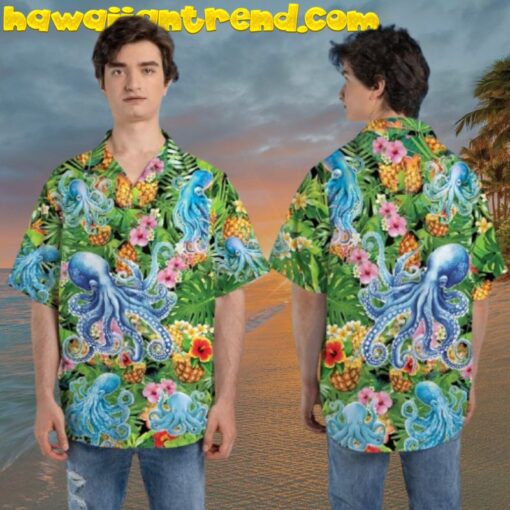 Tropical Pineapple Floral Octopus Hawaiian Shirt