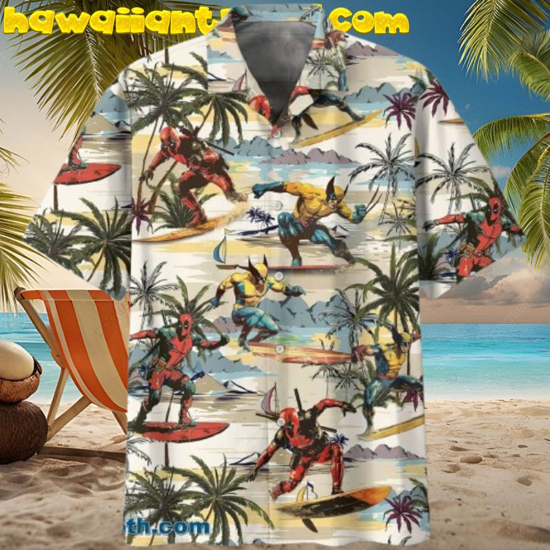 Deadpool And Wolverine Surfing Wave Funny Hawaiian Shirt