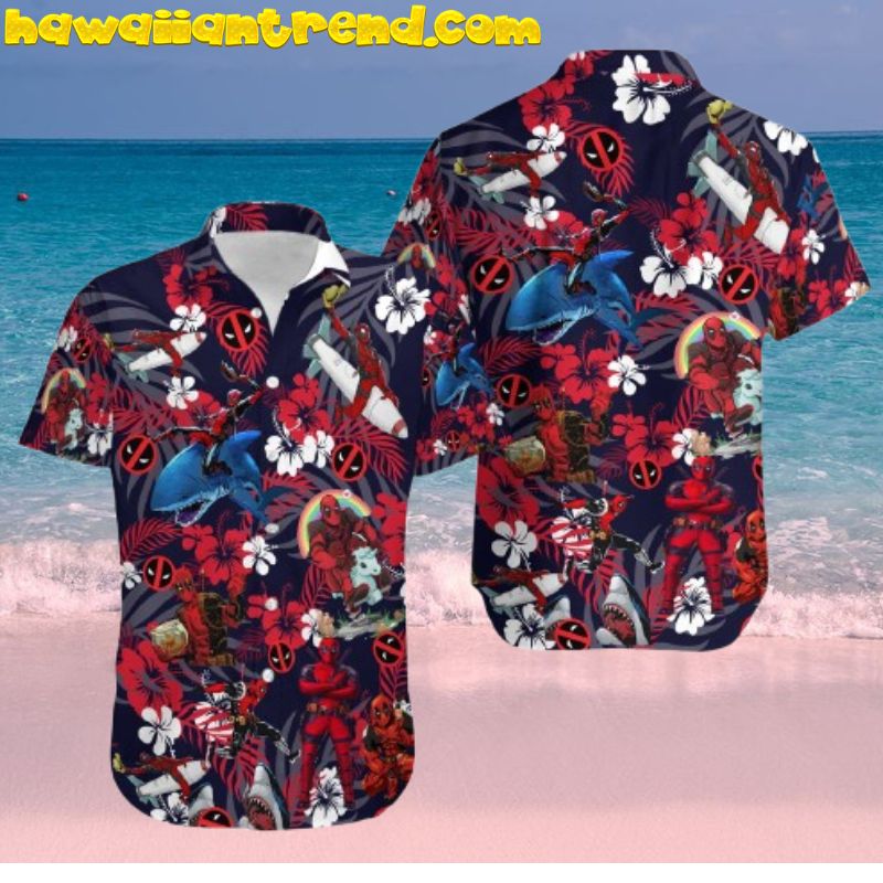 Deadpool Ride The Shark Funny Red Tropical Floral Hawaiian Shirt