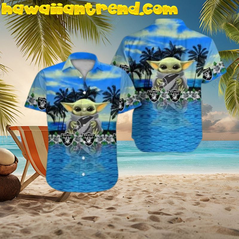 Las Vegas Raiders Logo And Baby Yoda Cute Tropical Hawaiian Shirt