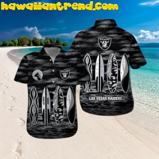 Las Vegas Raiders Surfboard Short Sleeve Button Up Tropical Hawaiian Shirt
