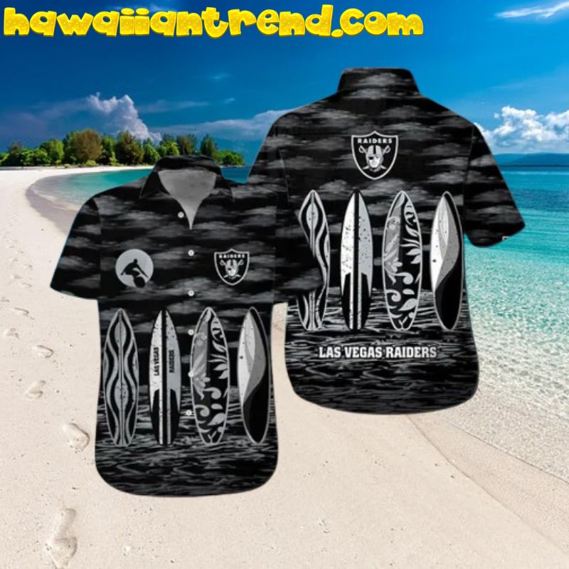 Las Vegas Raiders Surfboard Short Sleeve Button Up Tropical Hawaiian Shirt