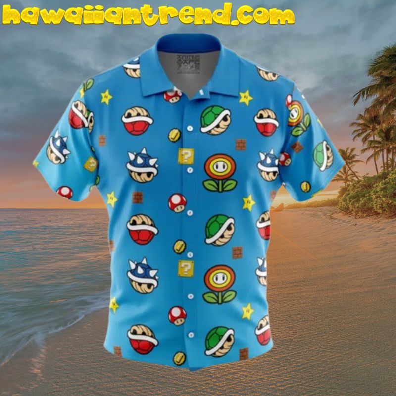 Mario Bros Items Pattern Button Up Hawaiian Shirt