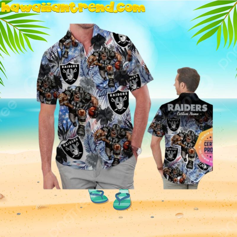 Personalized Las Vegas Raiders Mascot Tropical Floral America Flag Aloha Hawaiian Shirt