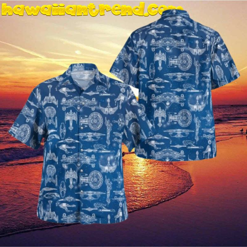Star Trek Mens Button Up Starship Blue Hawaiian Shirt