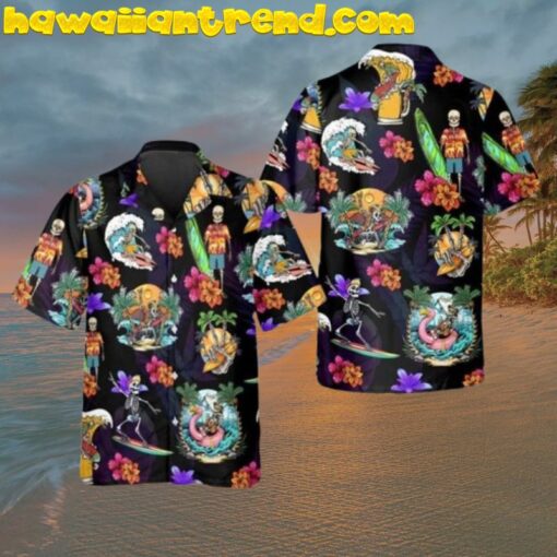 3D Skull On The Beach  Surfing Funny Hawaiian Shirt