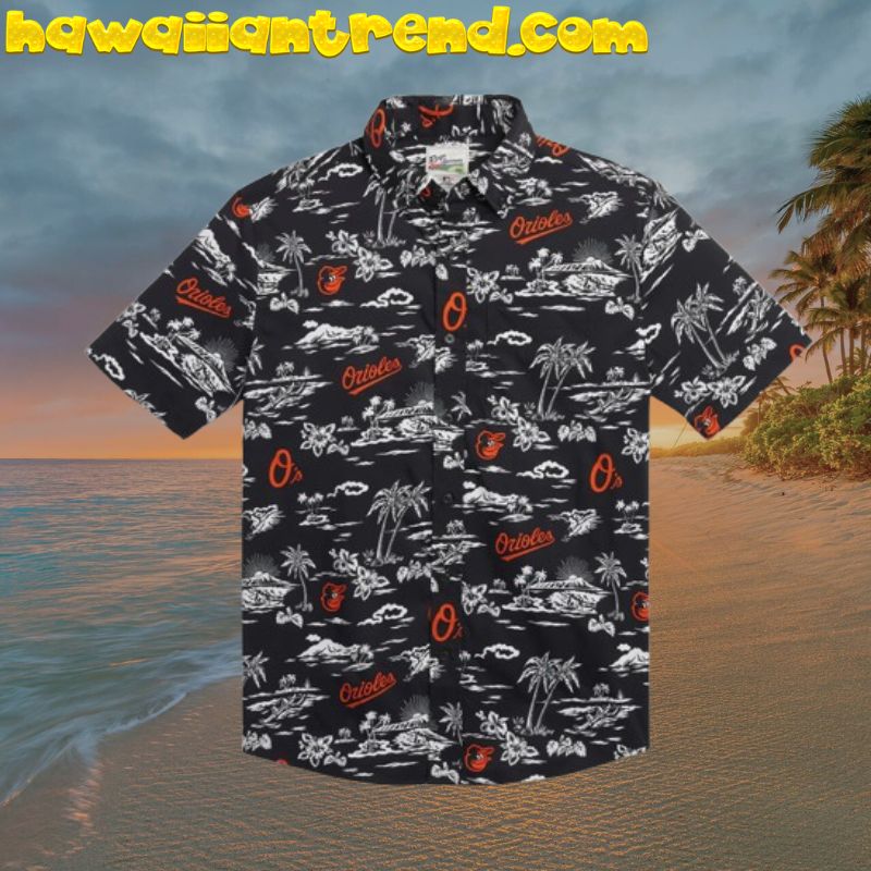 BALTIMORE ORIOLES Palm Tree Island Night Theme Hawaiian Shirt