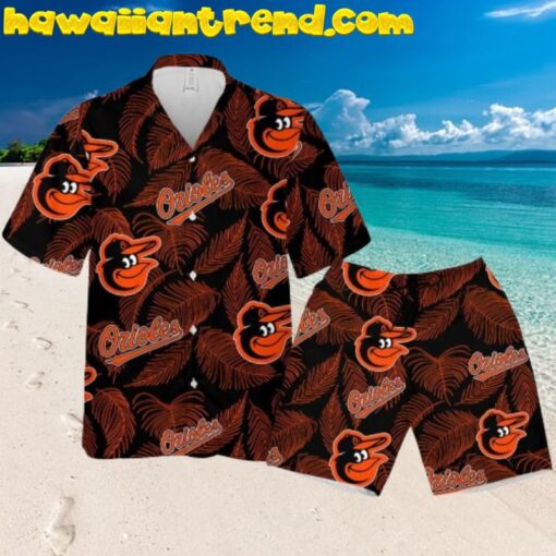 Baltimore Orioles Sketch Palm Leaves Seamless Pattern Hawaiian Shirt And Shorts