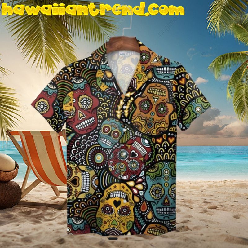 Brown Festive Sugar Skull Day Of The Dead Hawaiian Shirt