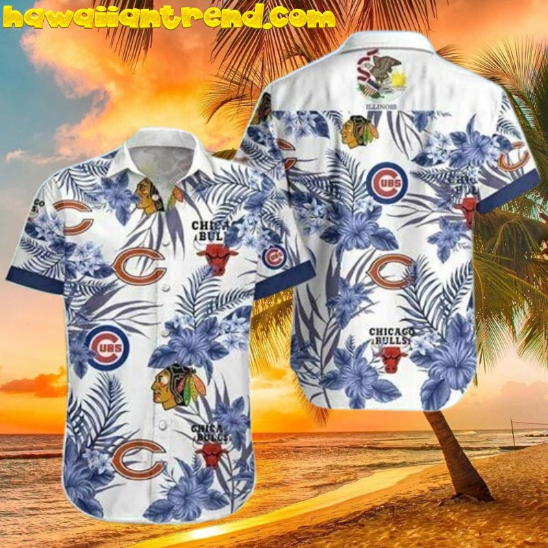 Chicago Cubs Bulls Blackhawks Bears Tropical Hawaiian Shirt