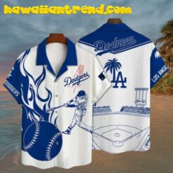 Fiery Swing Blue And White LA Dodgers Baseball Hawaiian Shirt