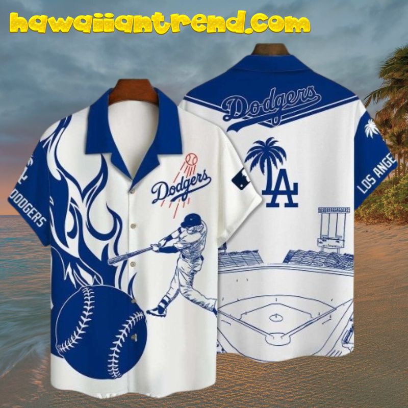 Fiery Swing Blue And White LA Dodgers Baseball Hawaiian Shirt