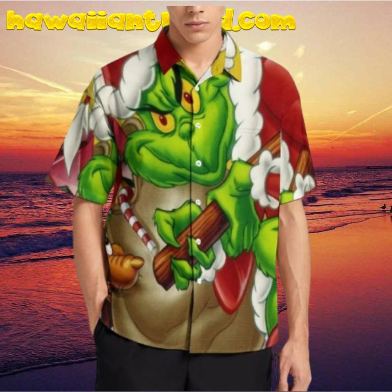 Mens Grinch Button Down Short Sleeve Novelty Hawaiian Shirt