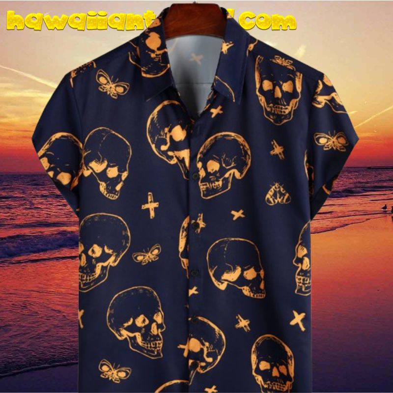 Orange Skull Art Graphic Button Up Short Sleeve Aloha Hawaiian Shirt