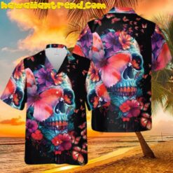 Skull Red Butterfly Pattern Dark Theme Hawaiian Shirt