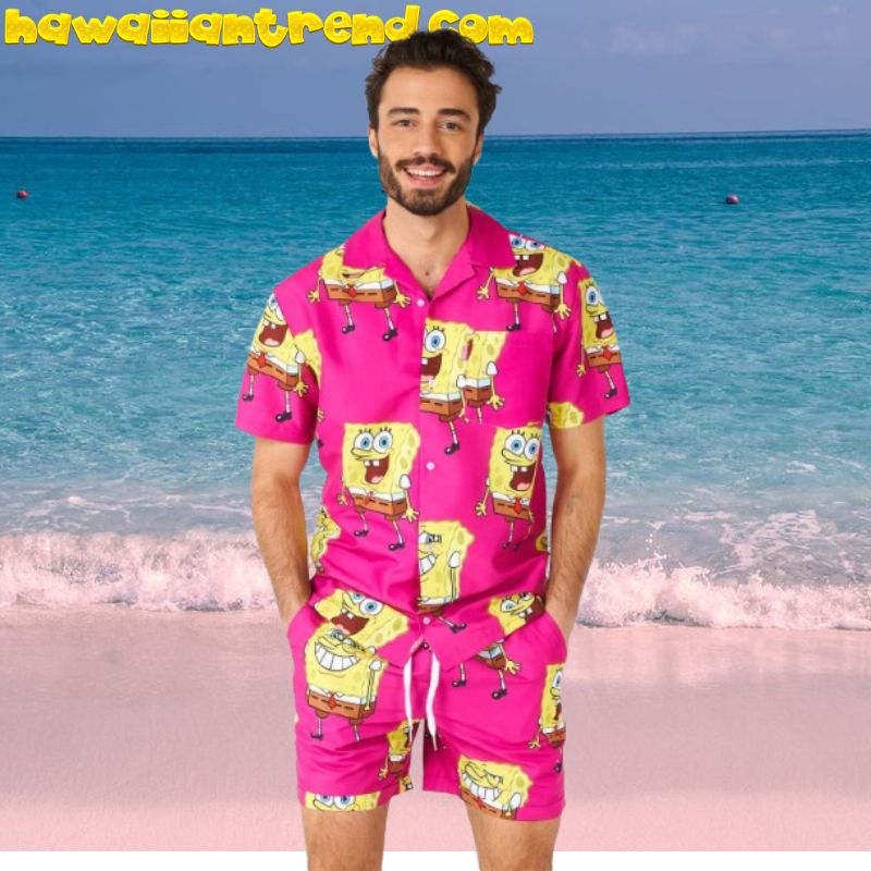 SpongeBob Happy Face Smiling Pink Aloha Hawaiian Shirt