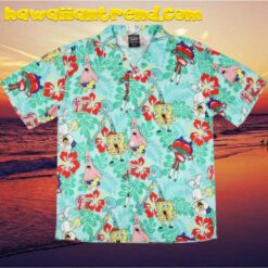 Spongebob Squarepants Character Floral Button Up Short Sleeve Hawaiian Shirt