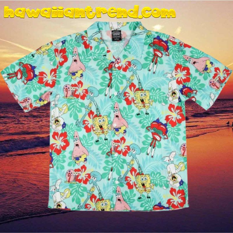 Spongebob Squarepants Character Floral Button Up Short Sleeve Hawaiian Shirt