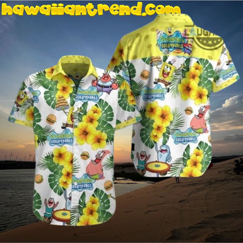 Spongebob Squarepants Enjoy Food On Beach Tropical Floral Hawaiian Shirt