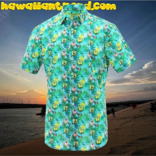 SpongeBob Squarepants Patrick Star Tropical Floral Green Short Sleeve Hawaiian Shirt