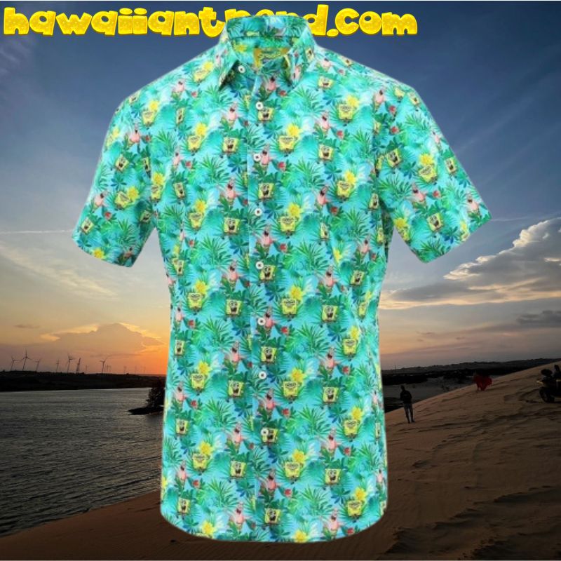 SpongeBob Squarepants Patrick Star Tropical Floral Green Short Sleeve Hawaiian Shirt