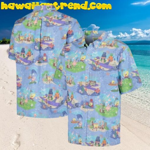 SpongeBob SquarePants With Friend Enjoy Vacation On The Beach Blue Theme Hawaiian Shirt