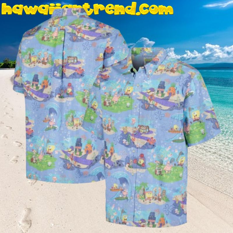 SpongeBob SquarePants With Friend Enjoy Vacation On The Beach Blue Theme Hawaiian Shirt