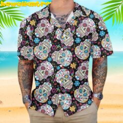 Sugar Skulls With Flowers Colorful Floral Mexican Hawaiian Shirt