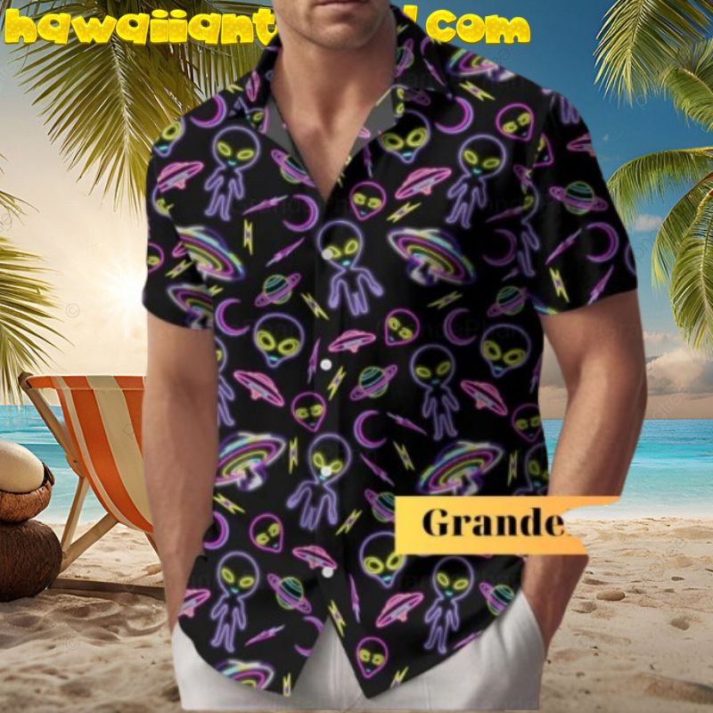Alien Neon UFO Short Sleeve Aloha Hawaiian Shirt