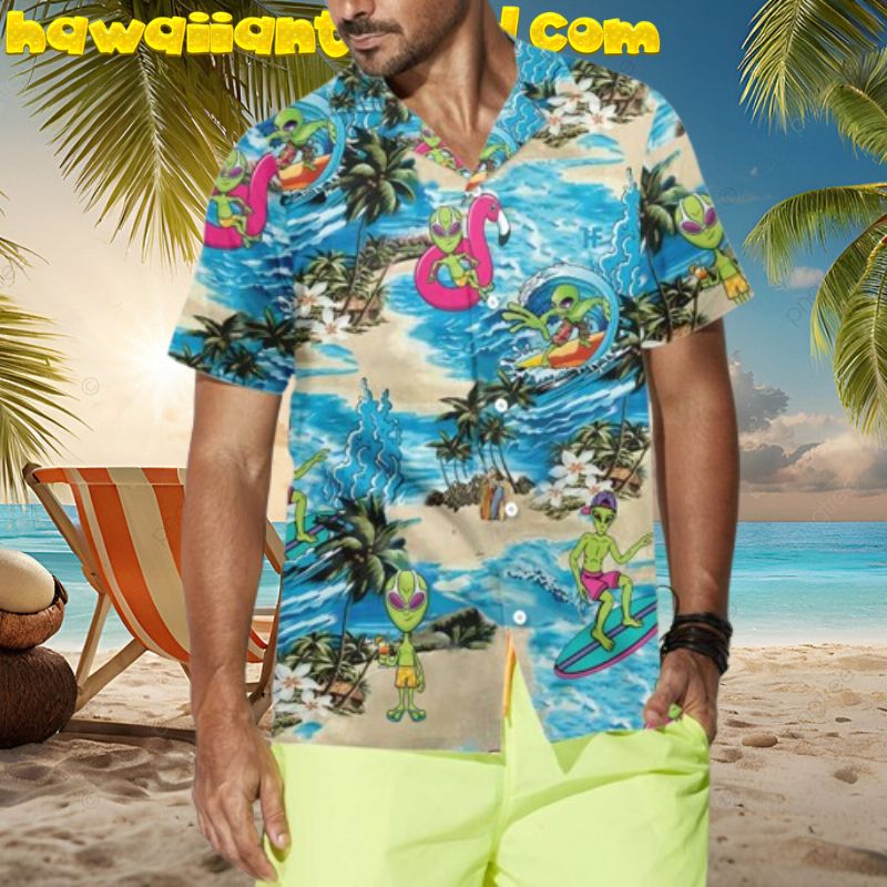 Alien On The Tropical Beach Wave Surfing Hawaiian Shirt
