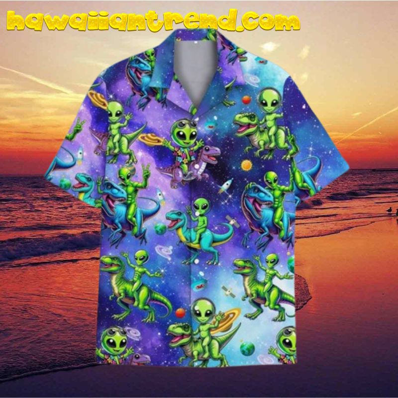 Alien Riding Dinosaur In Space Galaxy Hawaiian Shirt For Men Women