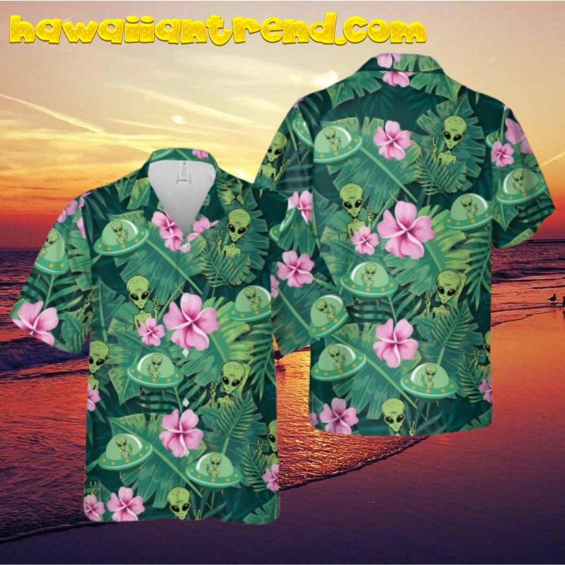 Alien UFO Hippie Tropical Leaf Hibicus Hawaiian Shirt
