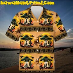 Alien UFO In The Desert Button Down Short Sleeve Hawaiian Shirts