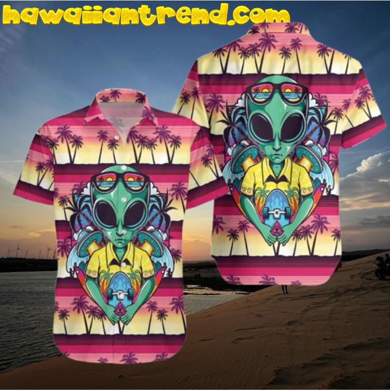 Alien With Skate On Coconut Island Hawaiian Shirt