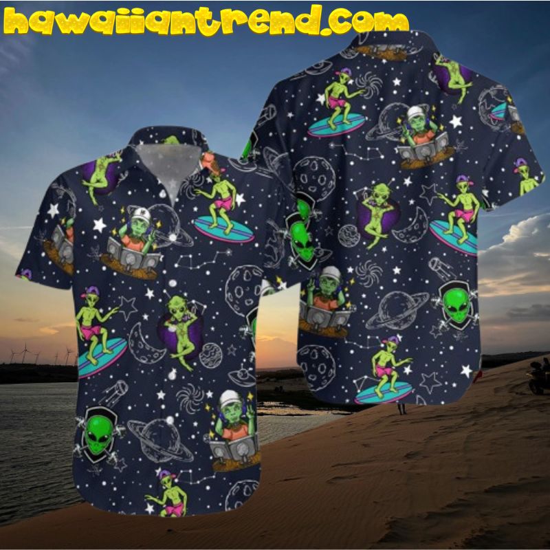 Aliens Night Sky Galaxy Surfing Funny Hawaiian Shirt