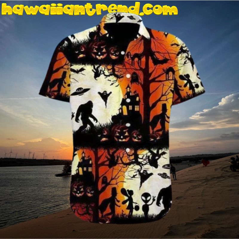 Bigfoot Alien At Halloween Mid Night Hawaiian Shirt