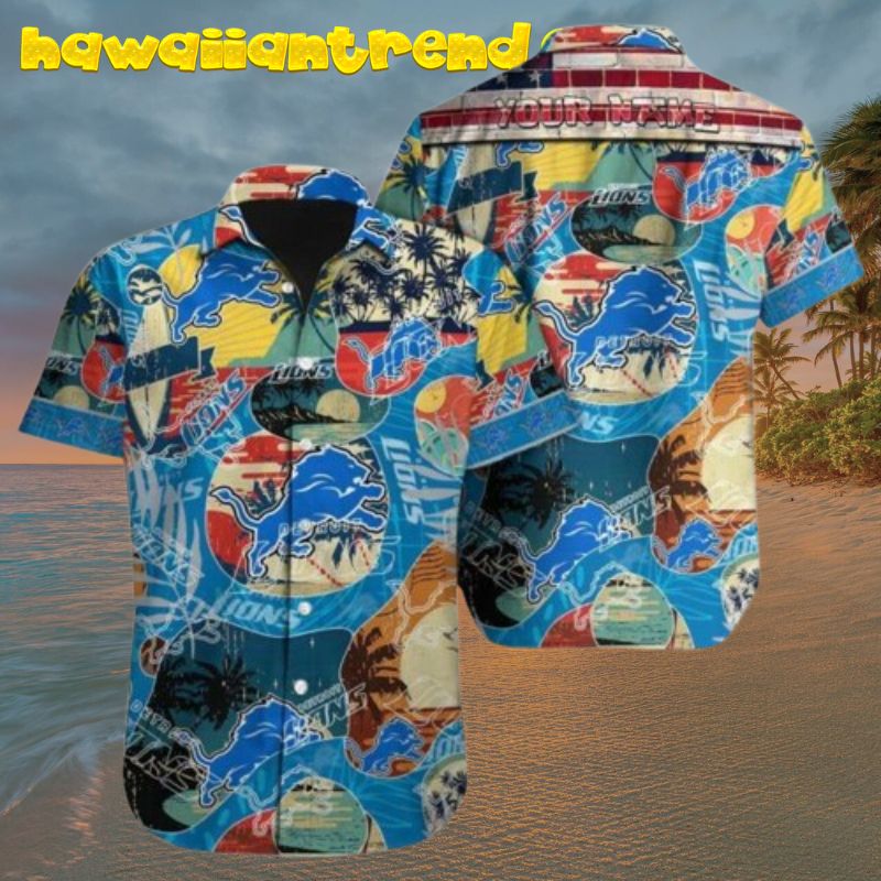 Custom Name Detroit Lions American Flag Vintage Hawaiian Shirt
